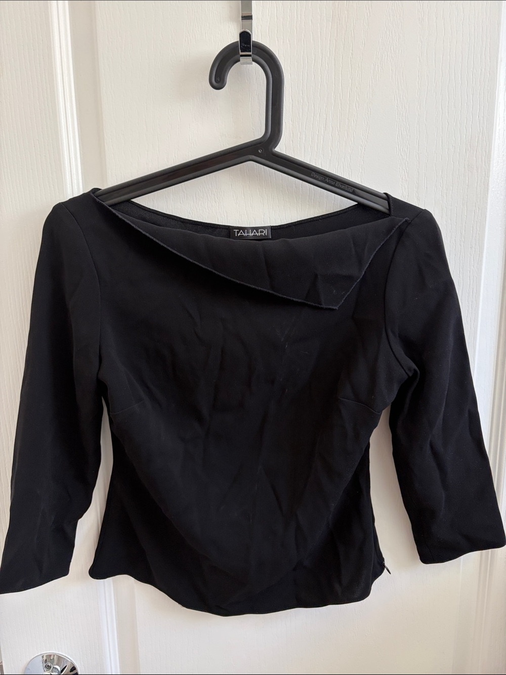 Tahari Black Asymmetric Neck Long Sleeve Top